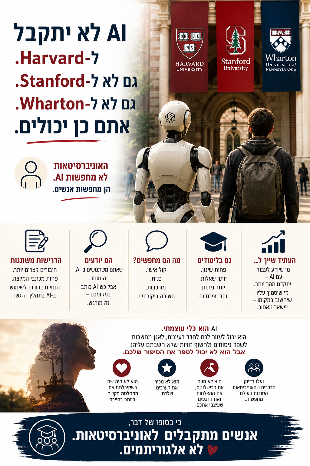 AI לא יתקבל ל-Harvard. גם לא ל-Stanford.גם לא ל-Wharton. אתם כןיכולים